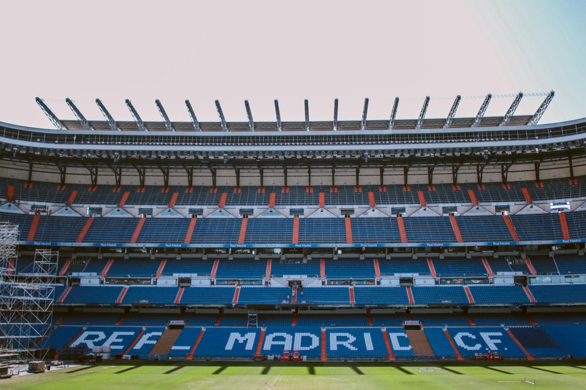 Empty stands of Santiago Bernabéu Stadium in Madrid, showcasing Real Madrid CF