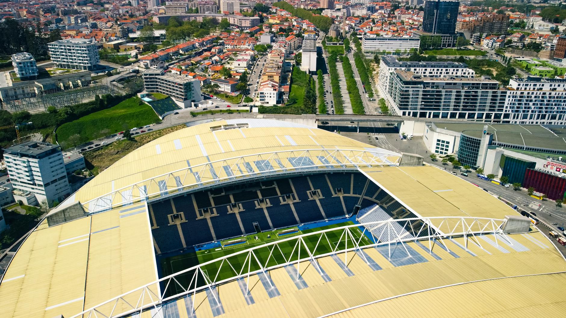 Explore the stunning aerial view of Estádio do Dragão amidst Porto